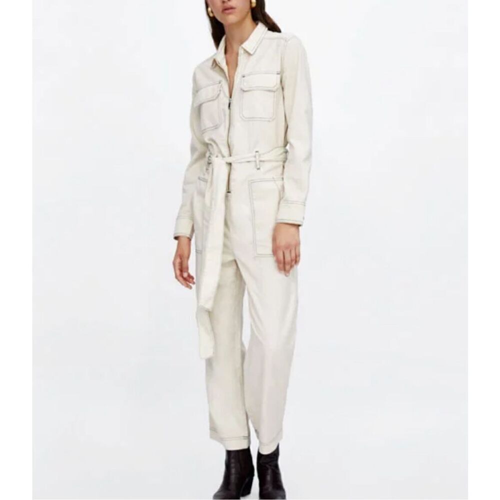 Zara Beige Cotton Linen Blend Boiler Suit Pockets Denim Utility Jumpsuit Small